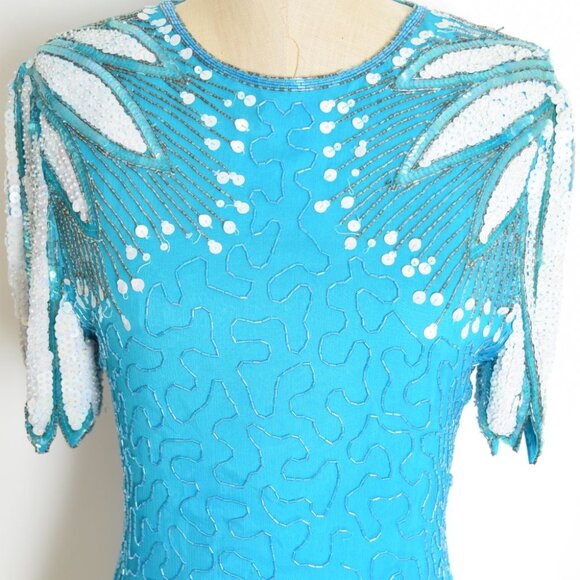 vintage 80s dress sequin beaded blue silk flapper feathers party cocktail prom M - Picture 4 of 11